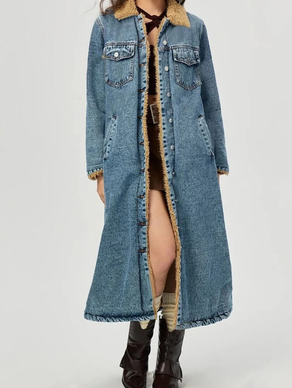 Long Blue Denim Coat with Faux Shearling Trim - Women